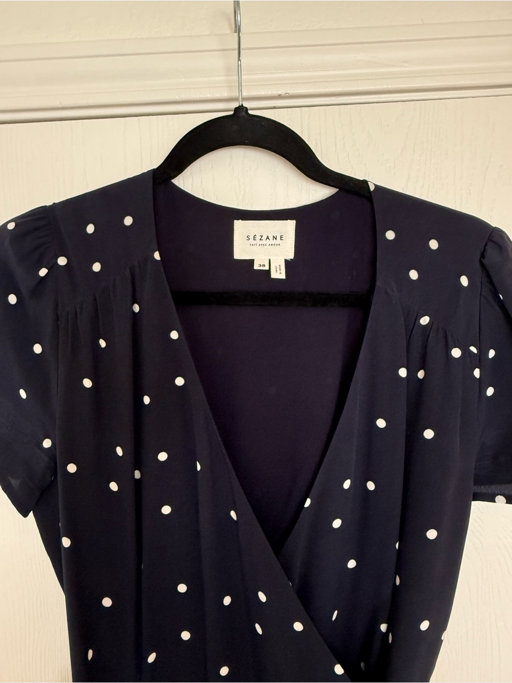 Sezane Anastasia Silk Wrap Dress Navy and White Polka Dot Mini Dress 38 - Picture 3 of 14